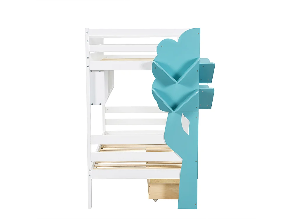 Lit superposé 90x200cm, Lit enfant créatif, Bibliothèque en forme d'arbre, Étagère ouverte, Deux tiroirs à roulettes, Blanc+Bleu,