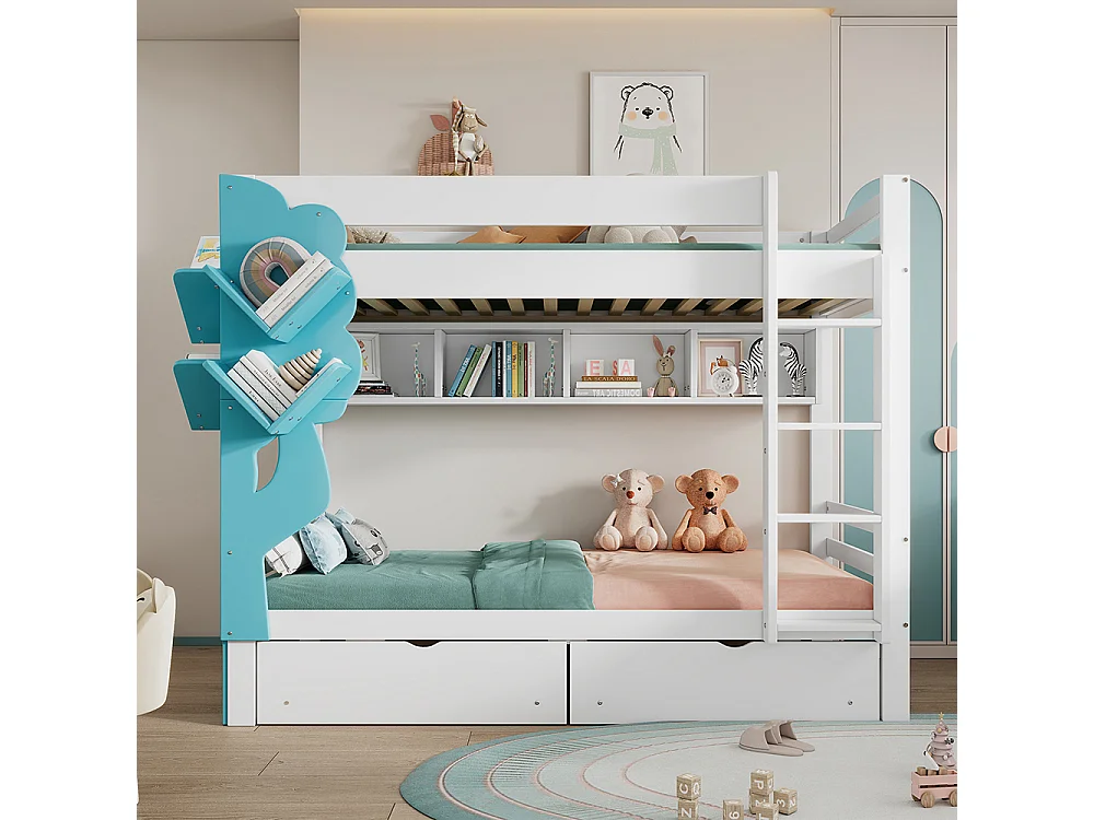 Lit superposé 90x200cm, Lit enfant créatif, Bibliothèque en forme d'arbre, Étagère ouverte, Deux tiroirs à roulettes, Blanc+Bleu,
