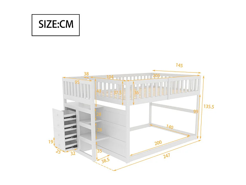 Lit jeune lit 140x200 cm lit en bois lit superposé avec espace de rangement pin blanc
