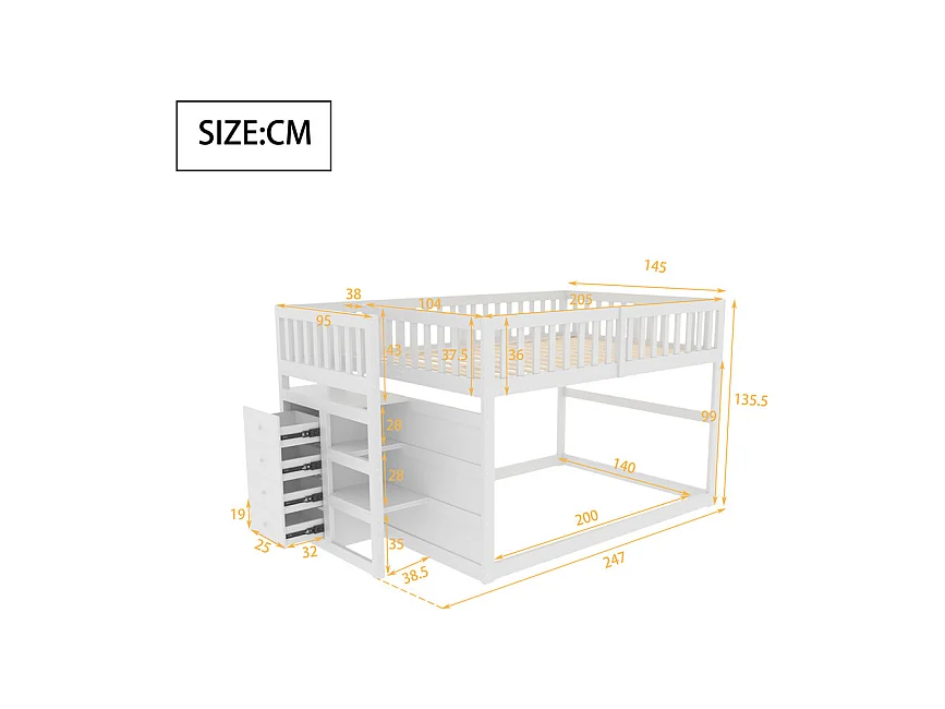 Lit jeune lit 140x200 cm lit en bois lit superposé avec espace de rangement pin blanc