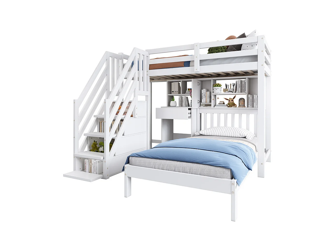 Lit superposé 90x200cm, lit double, lit enfant multifonctionnel, fonction rangement, avec bureau, étagères et sommier à lattes, pin, blanc