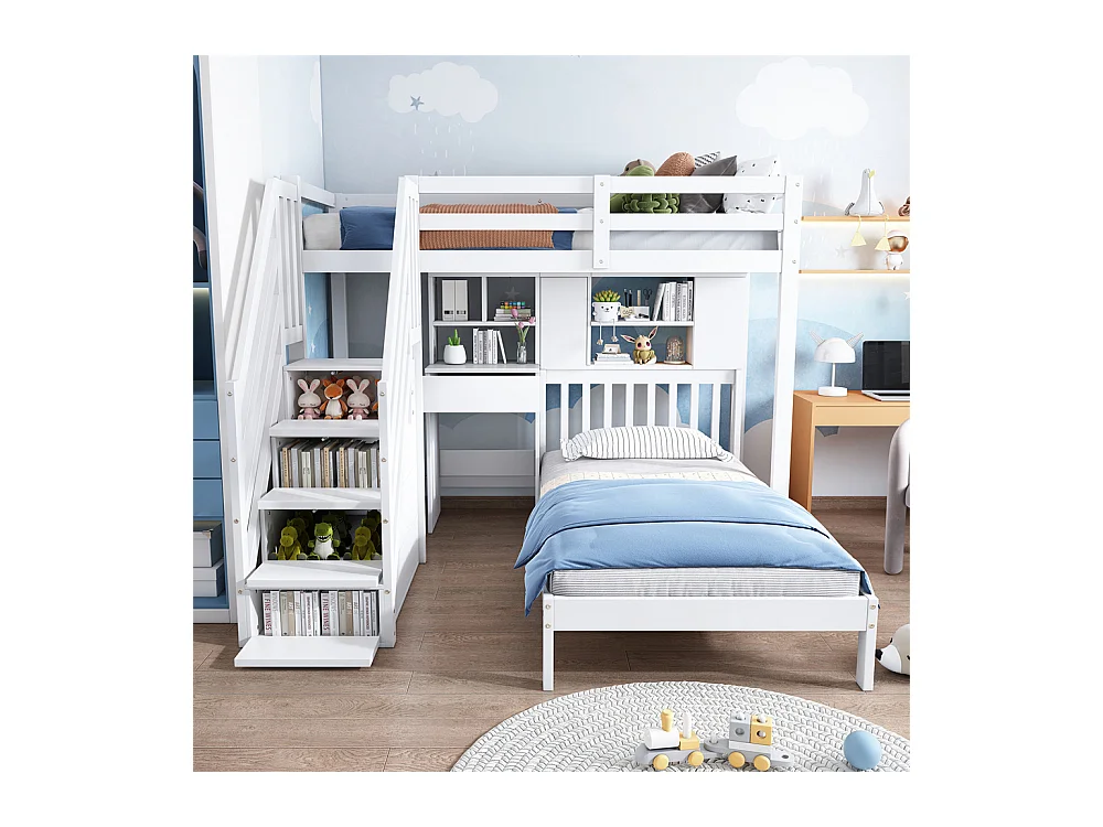 Lit superposé 90x200cm, lit double, lit enfant multifonctionnel, fonction rangement, avec bureau, étagères et sommier à lattes, pin, blanc