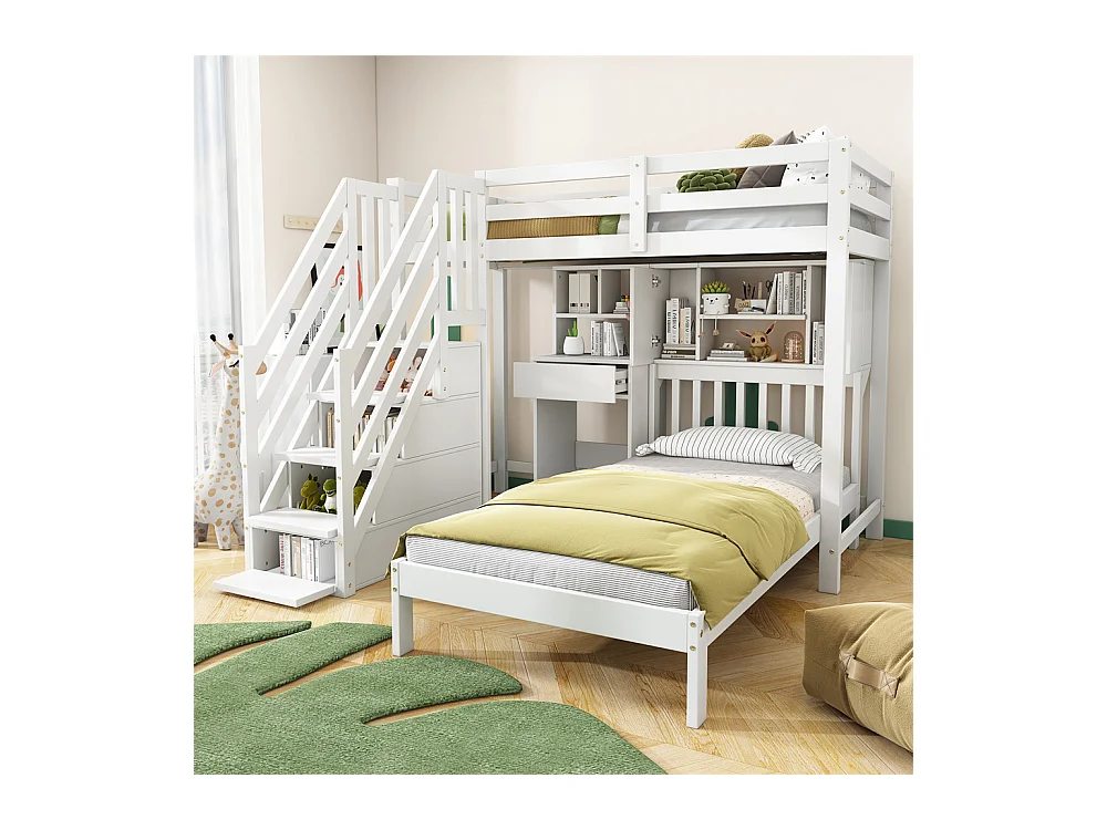 Lit superposé 90x200cm, lit double, lit enfant multifonctionnel, fonction rangement, avec bureau, étagères et sommier à lattes, pin, blanc