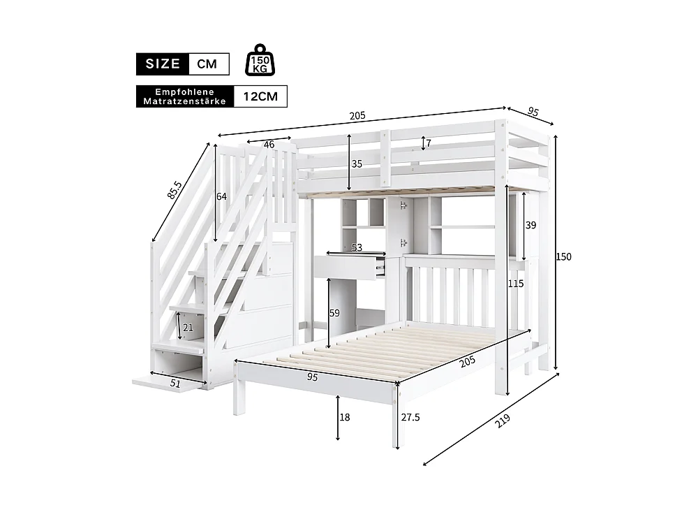 Lit superposé 90x200cm, lit double, lit enfant multifonctionnel, fonction rangement, avec bureau, étagères et sommier à lattes, pin, blanc