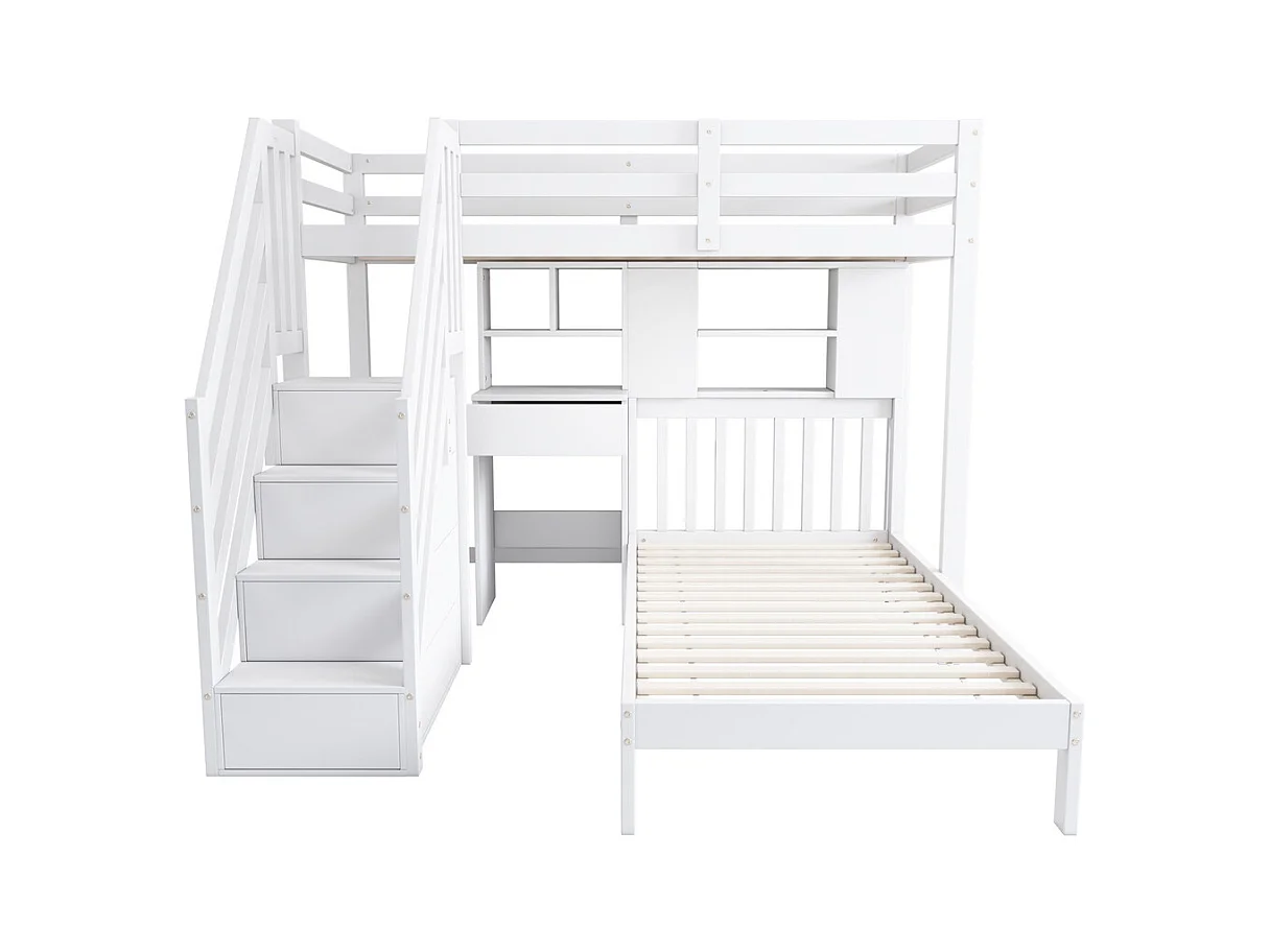 Lit superposé 90x200cm, lit double, lit enfant multifonctionnel, fonction rangement, avec bureau, étagères et sommier à lattes, pin, blanc