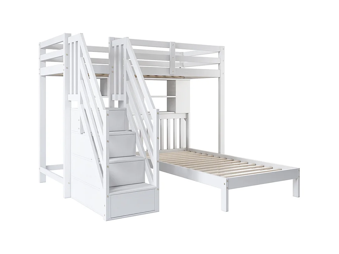 Lit superposé 90x200cm, lit double, lit enfant multifonctionnel, fonction rangement, avec bureau, étagères et sommier à lattes, pin, blanc