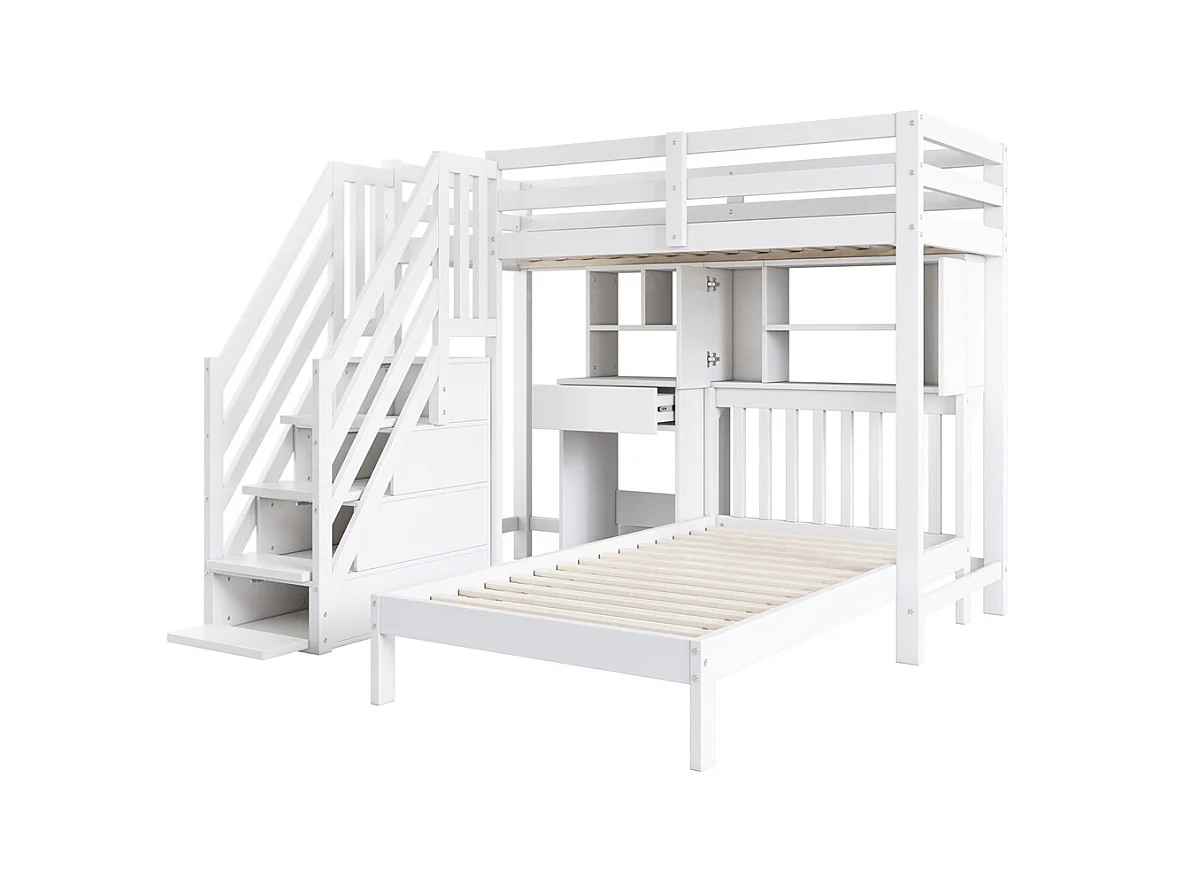 Lit superposé 90x200cm, lit double, lit enfant multifonctionnel, fonction rangement, avec bureau, étagères et sommier à lattes, pin, blanc