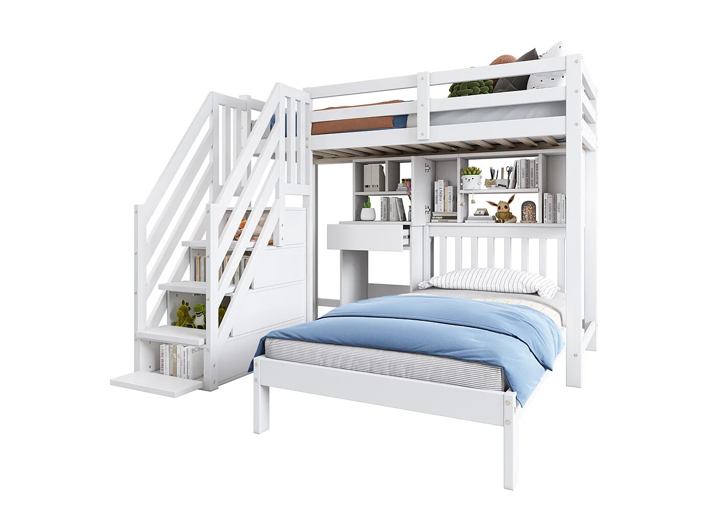 Lit superposé 90x200cm, lit double, lit enfant multifonctionnel, fonction rangement, avec bureau, étagères et sommier à lattes, pin, blanc