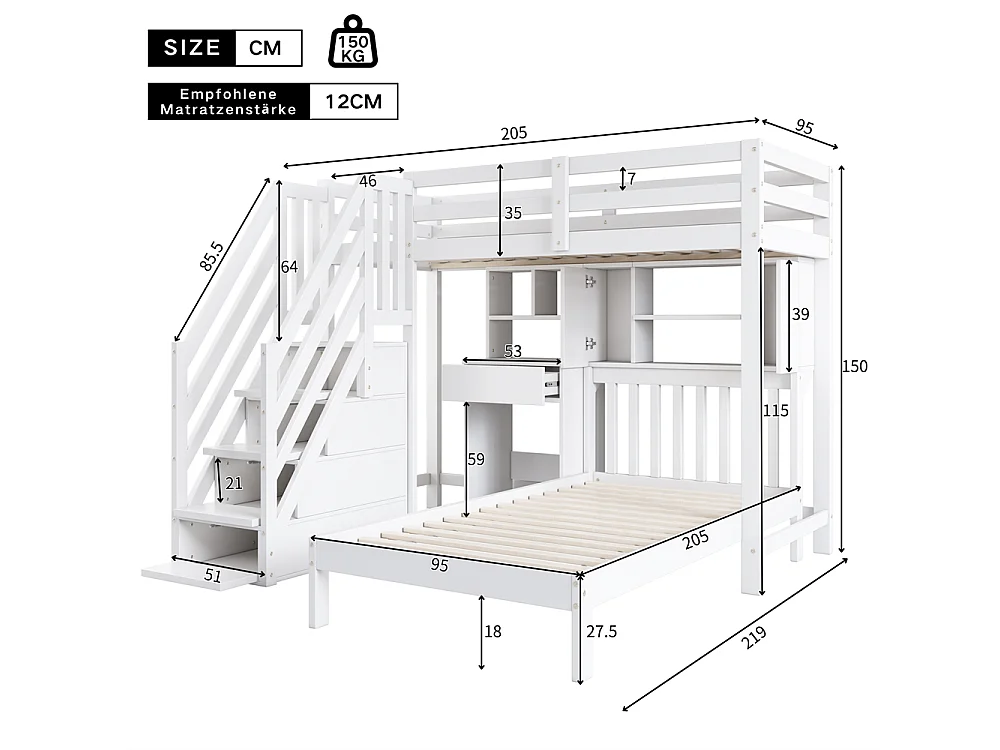 Lit superposé 90x200cm, lit double, lit enfant multifonctionnel, fonction rangement, avec bureau, étagères et sommier à lattes, pin, blanc