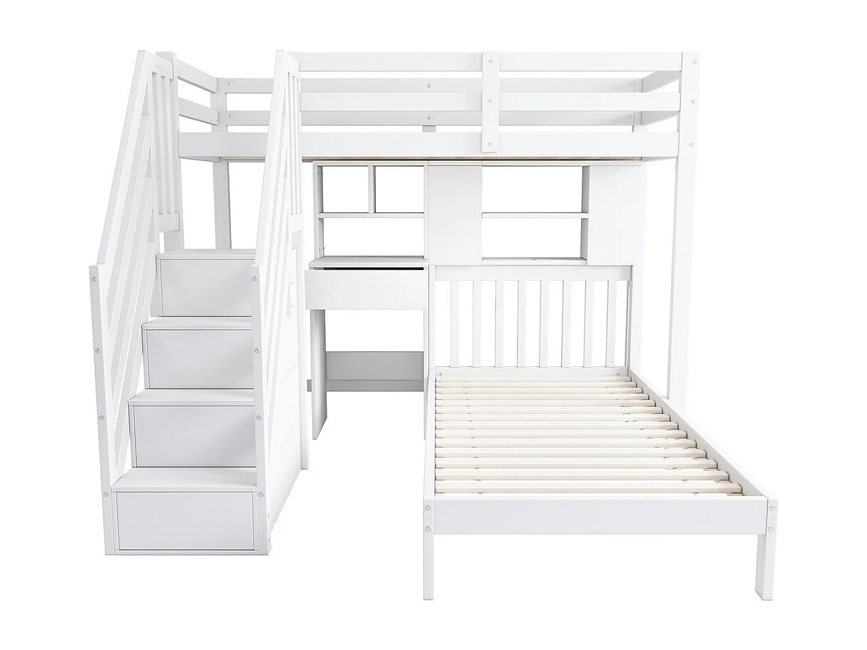 Lit superposé 90x200cm, lit double, lit enfant multifonctionnel, fonction rangement, avec bureau, étagères et sommier à lattes, pin, blanc