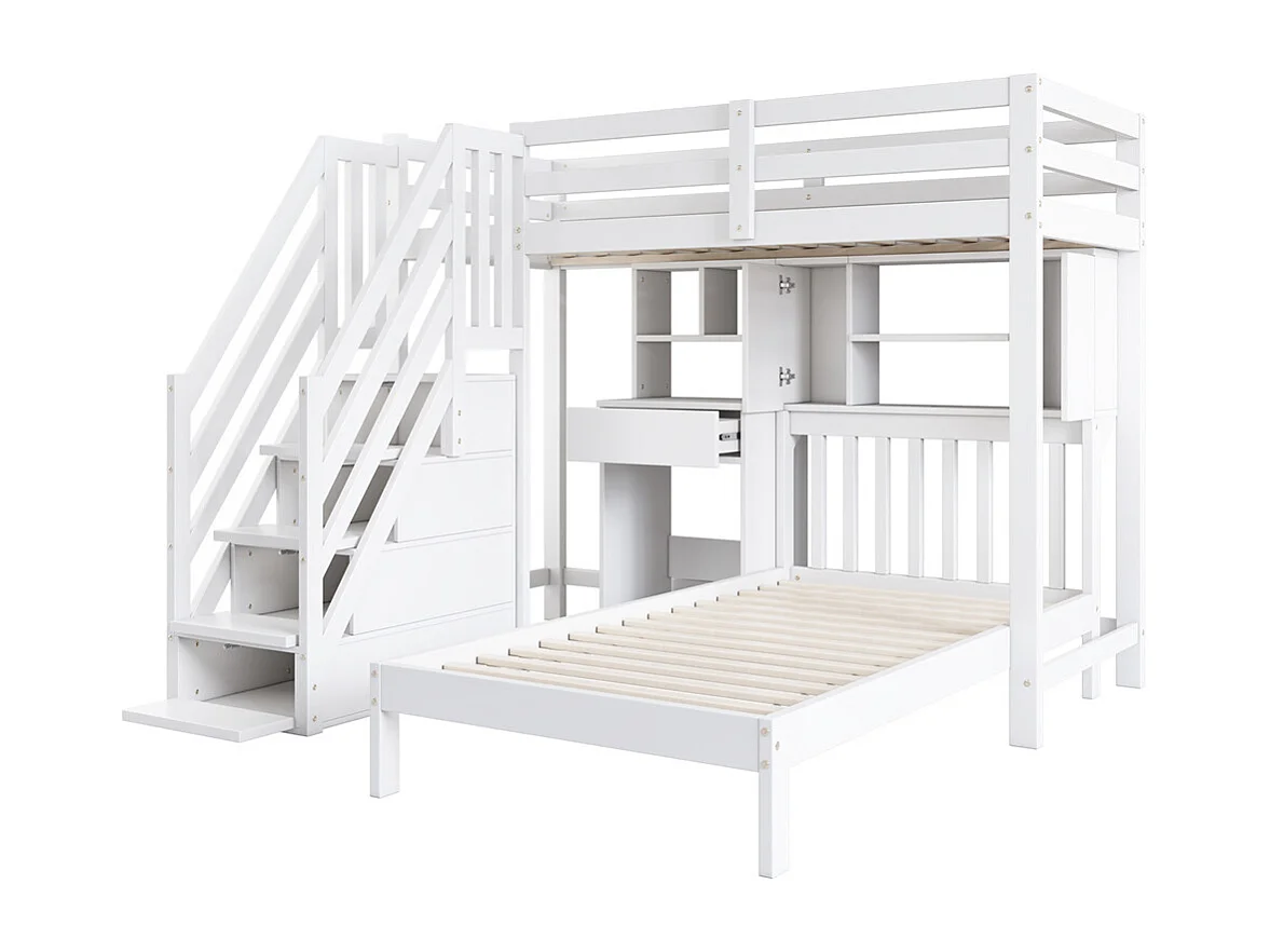 Lit superposé 90x200cm, lit double, lit enfant multifonctionnel, fonction rangement, avec bureau, étagères et sommier à lattes, pin, blanc
