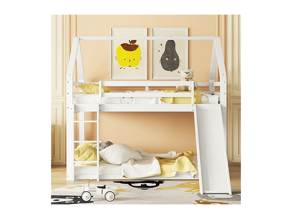 Lit d'enfant 140x200cm, lit de maison, lit superposé avec toboggan et échelle, lit double, pin, blanc