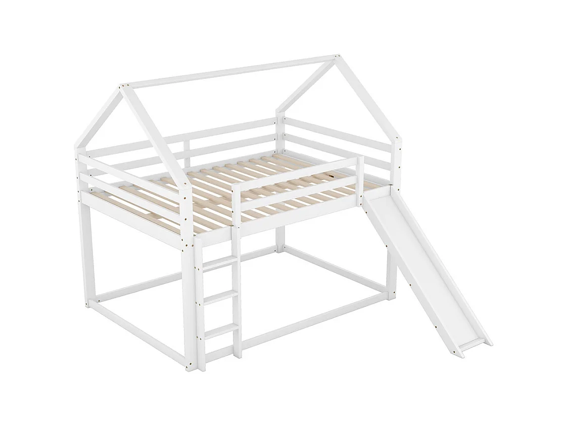 Lit d'enfant 140x200cm, lit de maison, lit superposé avec toboggan et échelle, lit double, pin, blanc