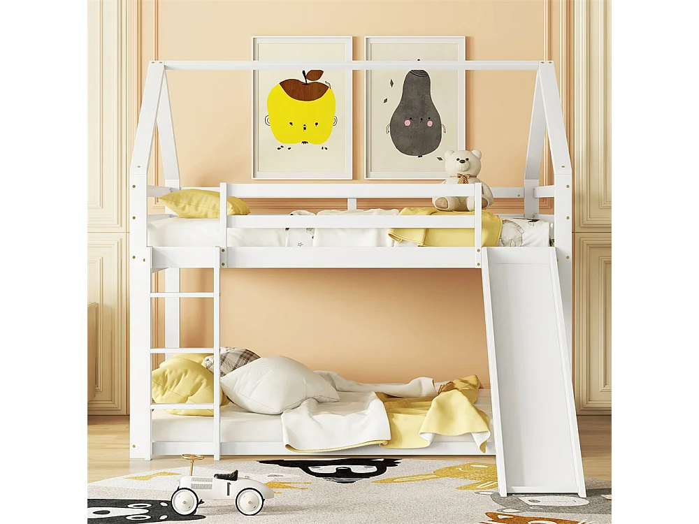 Lit d'enfant 140x200cm, lit de maison, lit superposé avec toboggan et échelle, lit double, pin, blanc