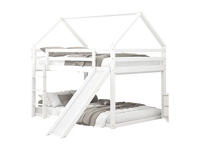 Lit d&#039;enfant 140x200cm, lit de maison, lit superposé avec toboggan et échelle, lit double, pin, blanc