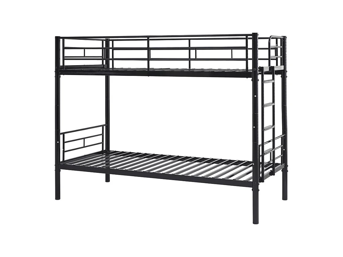 Lit superposé 90x200cm, lit d'enfant avec barrière de sécurité, sommier à lattes et escalier antidérapant, convertible en 2 lits simples, métal, noir