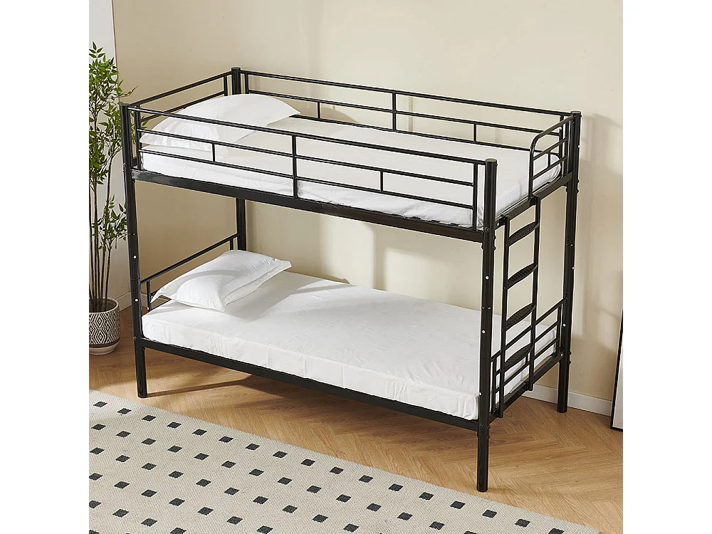 Lit superposé 90x200cm, lit d'enfant avec barrière de sécurité, sommier à lattes et escalier antidérapant, convertible en 2 lits simples, métal, noir