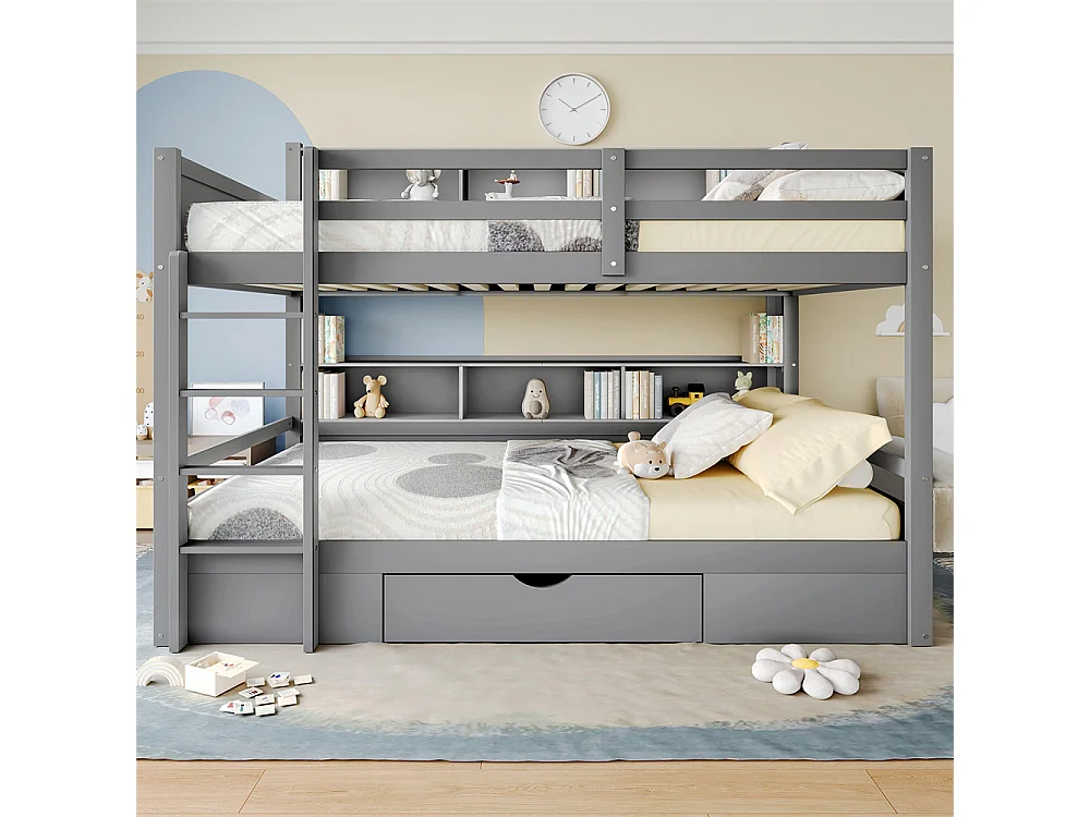 Lit superposé, 90x200cm (90x200cm) lit simple, lit enfant avec tiroir et compartiments de rangement, sans matelas, pin, gris