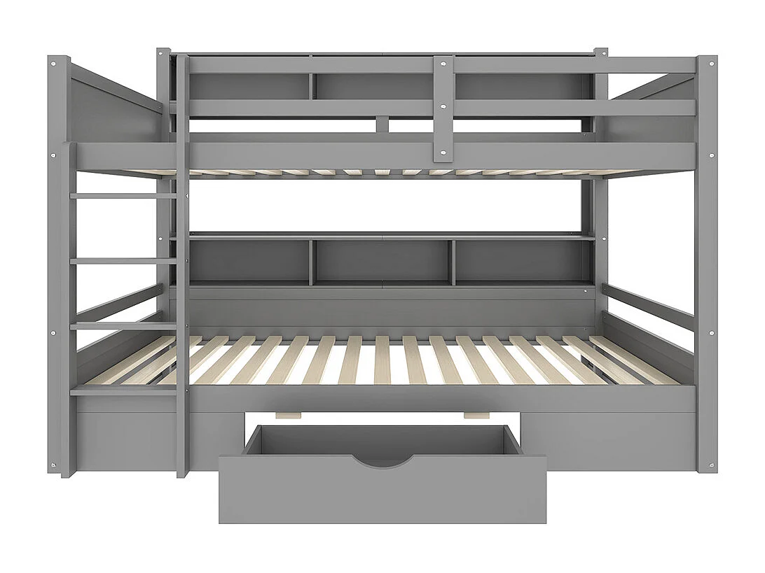 Lit superposé, 90x200cm (90x200cm) lit simple, lit enfant avec tiroir et compartiments de rangement, sans matelas, pin, gris
