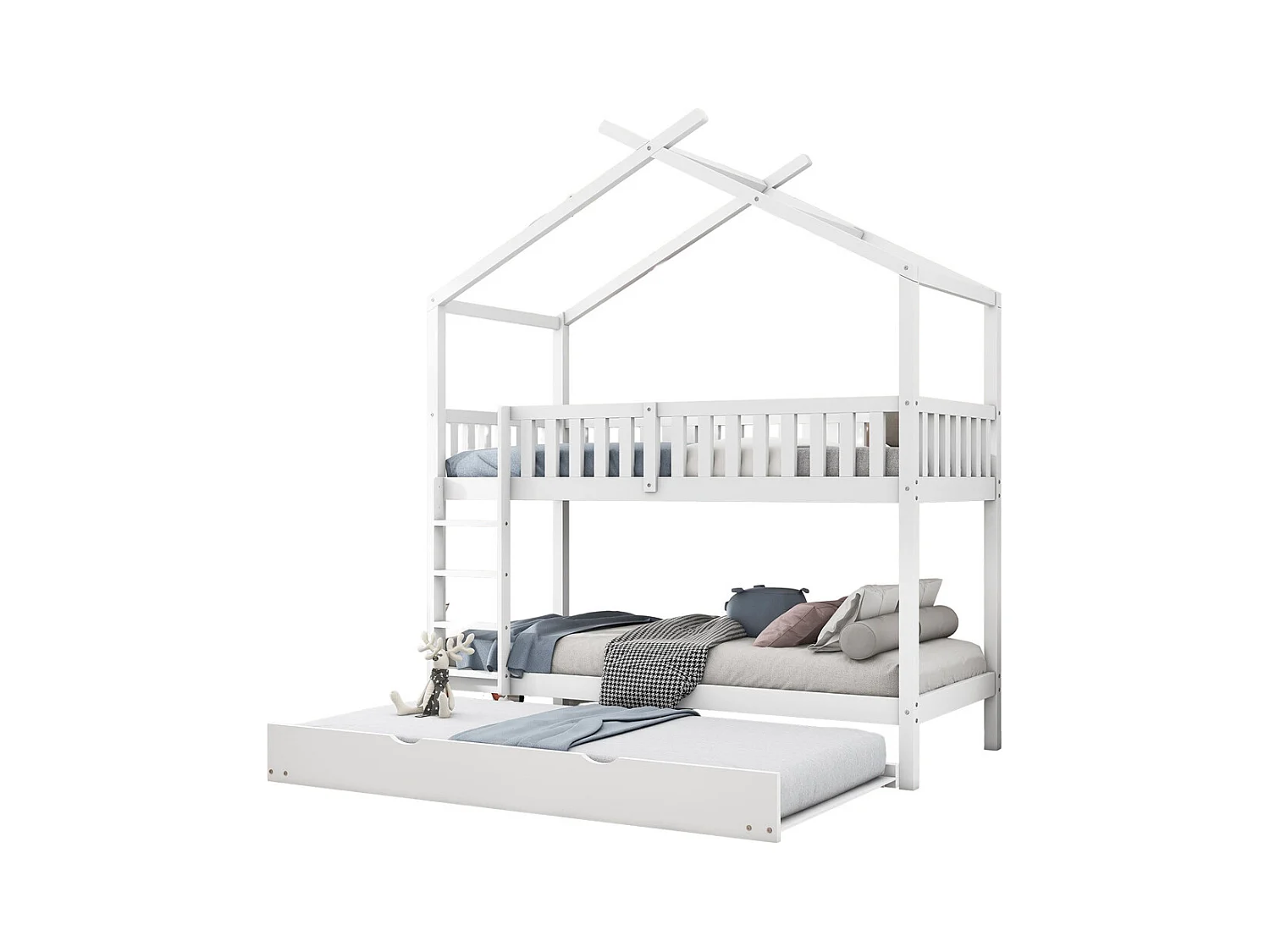 Lit cabane, lit enfant, lit adolescent, 90x200 cm, lit gigogne, design peu encombrant, blanc