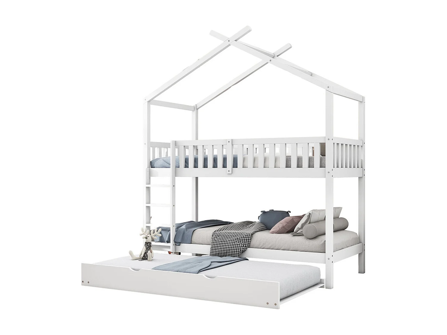 Lit cabane, lit enfant, lit adolescent, 90x200 cm, lit gigogne, design peu encombrant, blanc