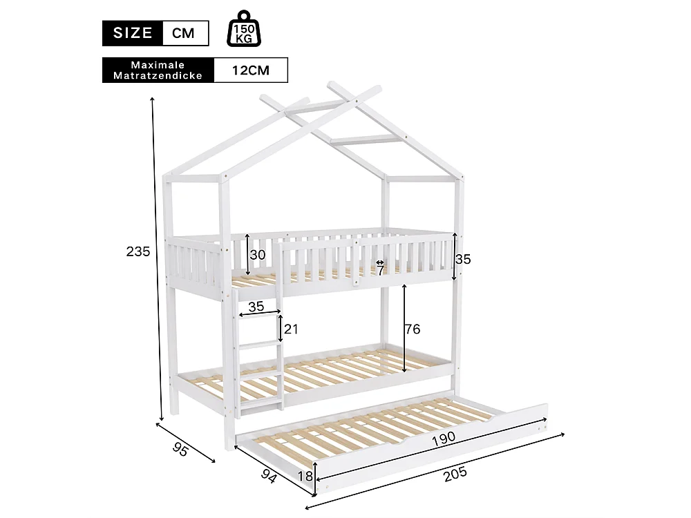 Lit cabane, lit enfant, lit adolescent, 90x200 cm, lit gigogne, design peu encombrant, blanc
