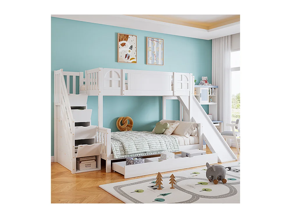 Lit superposé 90x200cm, lit d'enfant avec fenêtre et toboggan, tiroirs avec roulettes, escalier avec main courante, avec 4 casiers dans l'escalier, pin+mdf, blanc