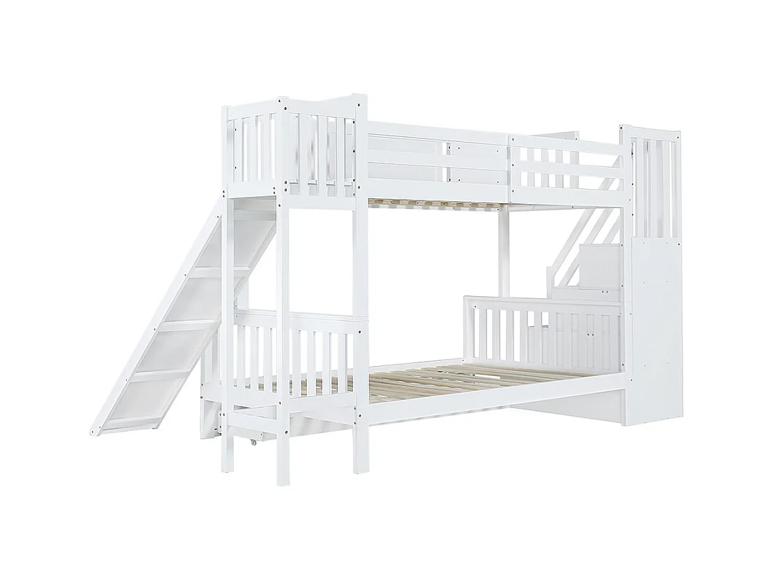 Lit superposé 90x200cm, lit d'enfant avec fenêtre et toboggan, tiroirs avec roulettes, escalier avec main courante, avec 4 casiers dans l'escalier, pin+mdf, blanc
