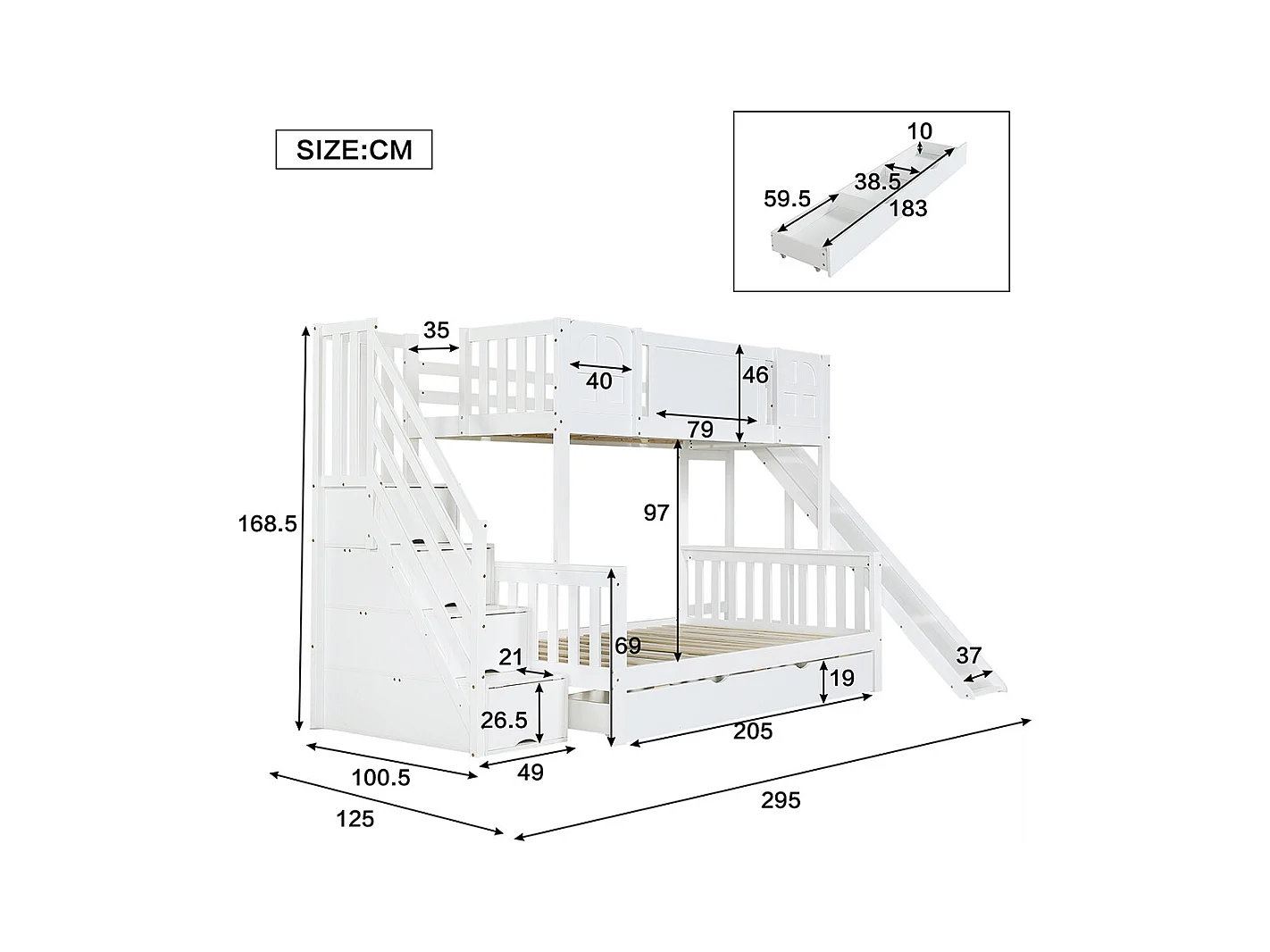 Lit superposé 90x200cm, lit d'enfant avec fenêtre et toboggan, tiroirs avec roulettes, escalier avec main courante, avec 4 casiers dans l'escalier, pin+mdf, blanc