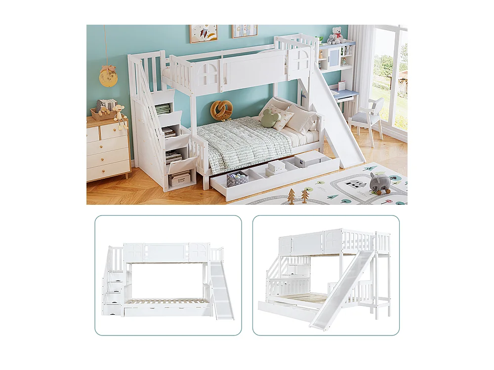 Lit superposé 90x200cm, lit d'enfant avec fenêtre et toboggan, tiroirs avec roulettes, escalier avec main courante, avec 4 casiers dans l'escalier, pin+mdf, blanc
