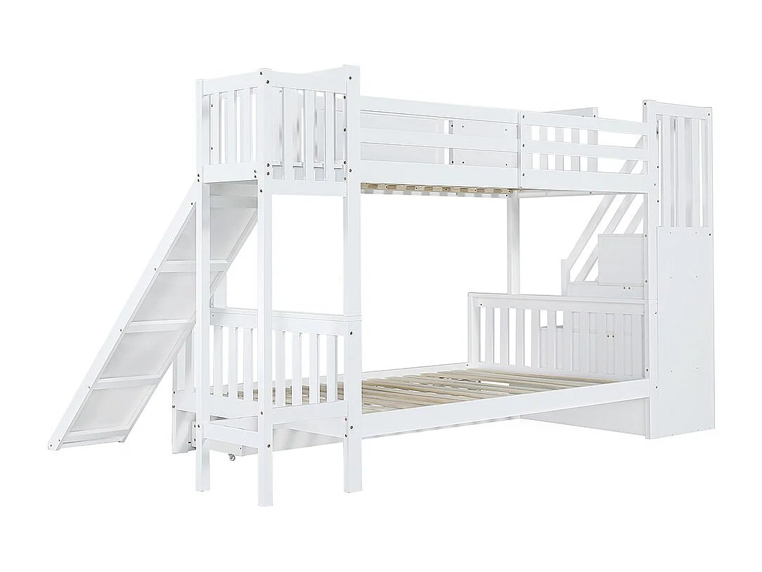 Lit superposé 90x200cm, lit d'enfant avec fenêtre et toboggan, tiroirs avec roulettes, escalier avec main courante, avec 4 casiers dans l'escalier, pin+mdf, blanc