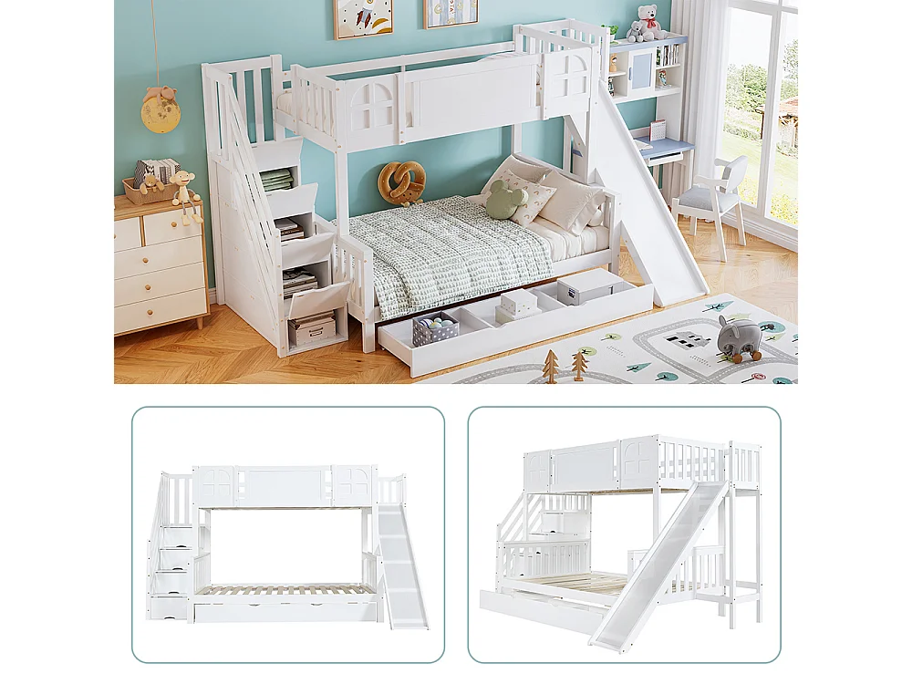 Lit superposé 90x200cm, lit d'enfant avec fenêtre et toboggan, tiroirs avec roulettes, escalier avec main courante, avec 4 casiers dans l'escalier, pin+mdf, blanc