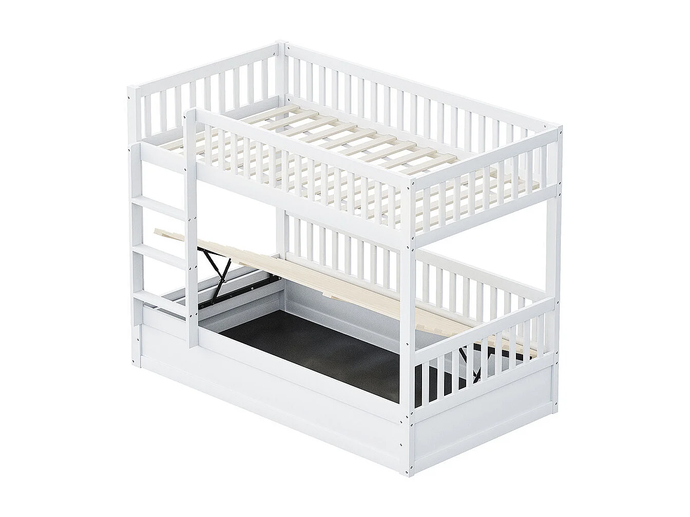 Lit superposé 90x200cm, avec système de rangement hydraulique en bois massif, lit d'enfant, bois de pin, blanc