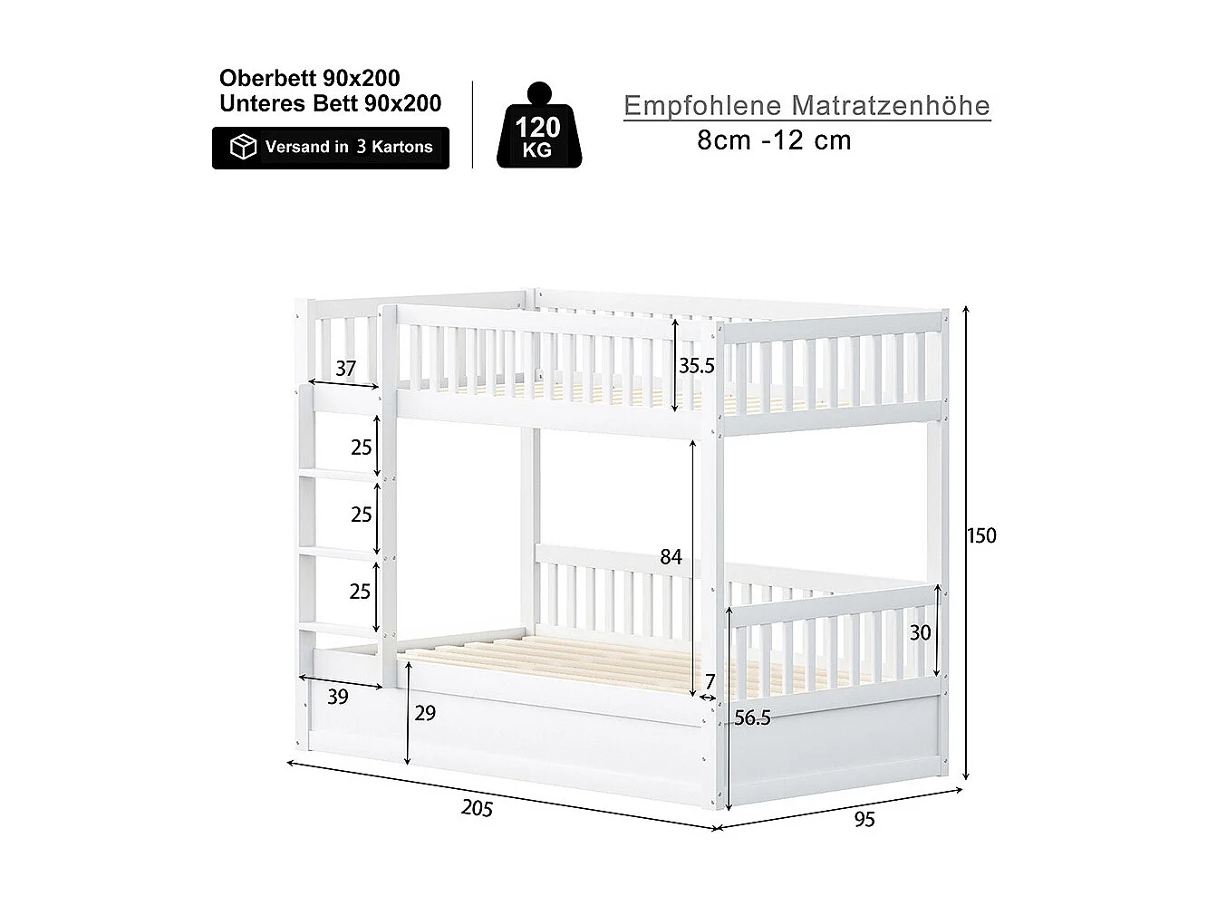 Lit superposé 90x200cm, avec système de rangement hydraulique en bois massif, lit d'enfant, bois de pin, blanc