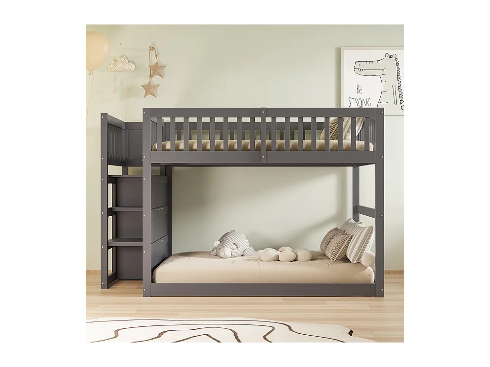 Lit jeune lit 140x200 cm lit en bois lit superposé avec espace de rangement pin gris