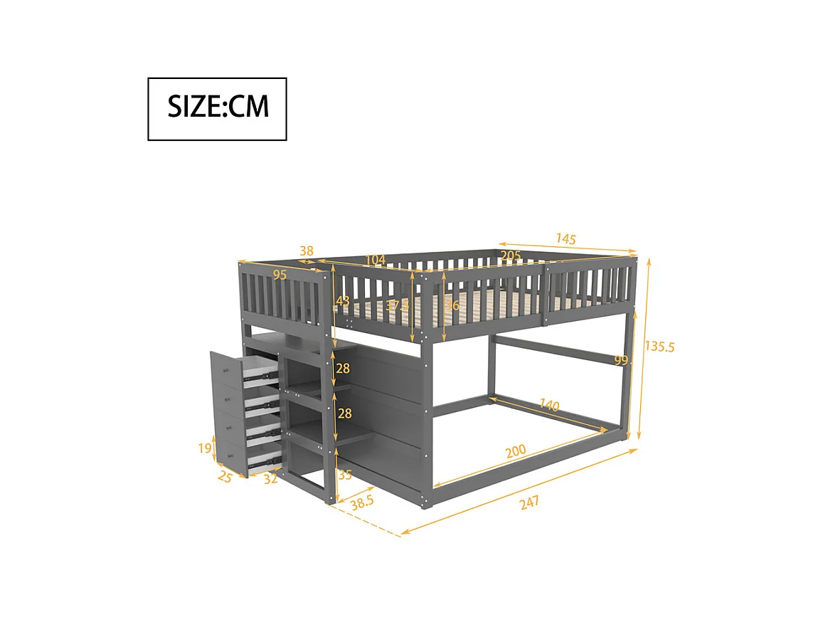 Lit jeune lit 140x200 cm lit en bois lit superposé avec espace de rangement pin gris