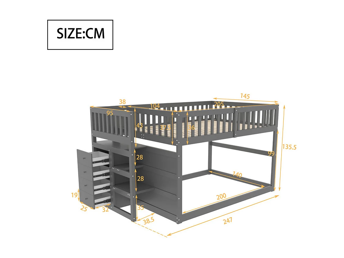 Lit jeune lit 140x200 cm lit en bois lit superposé avec espace de rangement pin gris