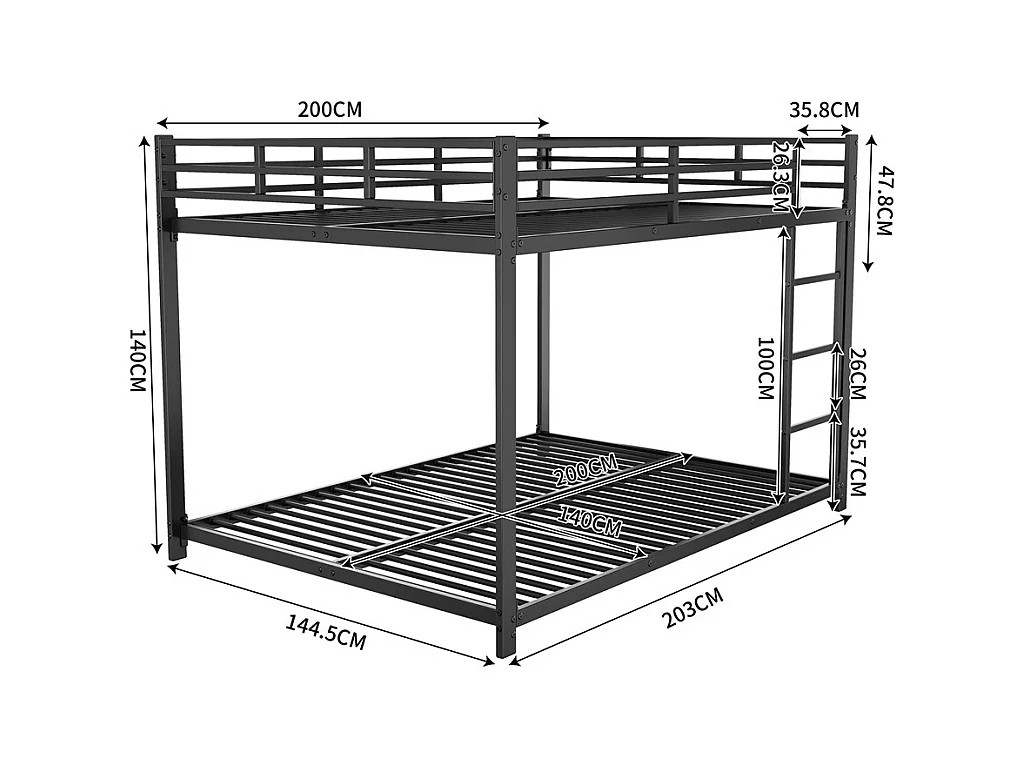 Lit jeune lit 140x200 cm lit en fer lit superposé lit simple métal noir