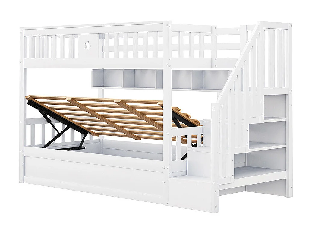Lit surélevé 90x200cm, sous lit hydraulique, avec escalier de rangement et étagères, lit superposé, lit jeune, bois de pin, blanc