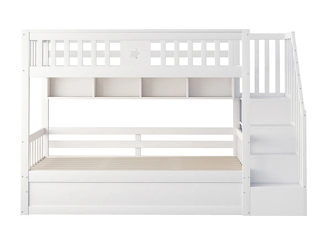 Lit surélevé 90x200cm, sous lit hydraulique, avec escalier de rangement et étagères, lit superposé, lit jeune, bois de pin, blanc