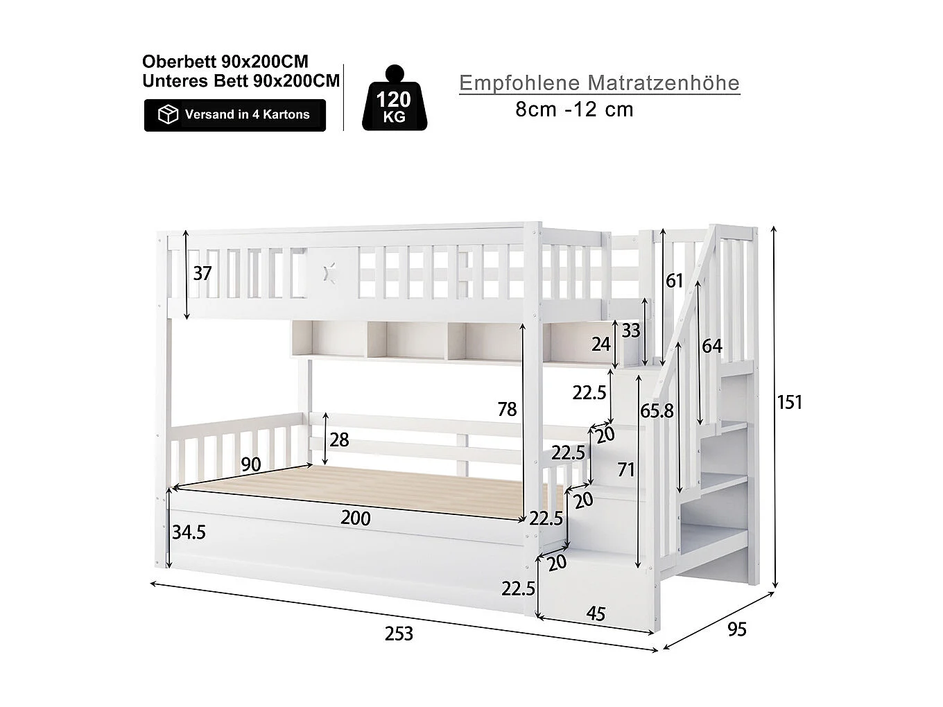Lit surélevé 90x200cm, sous lit hydraulique, avec escalier de rangement et étagères, lit superposé, lit jeune, bois de pin, blanc