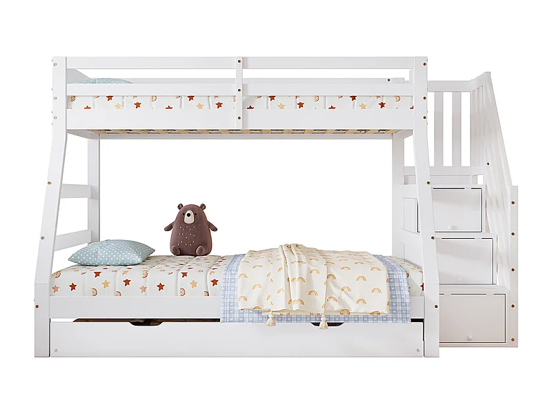 Lit superposé 90/120x200CM avec lit gigogne, lit enfant avec armoire échelle et main courante, blanc