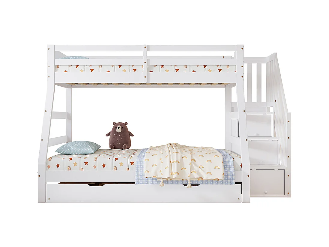 Lit superposé 90/120x200CM avec lit gigogne, lit enfant avec armoire échelle et main courante, blanc