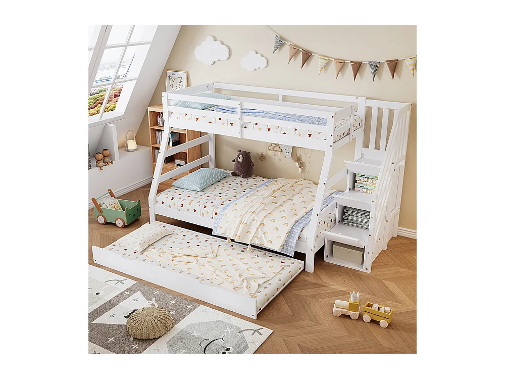 Lit superposé 90/120x200CM avec lit gigogne, lit enfant avec armoire échelle et main courante, blanc