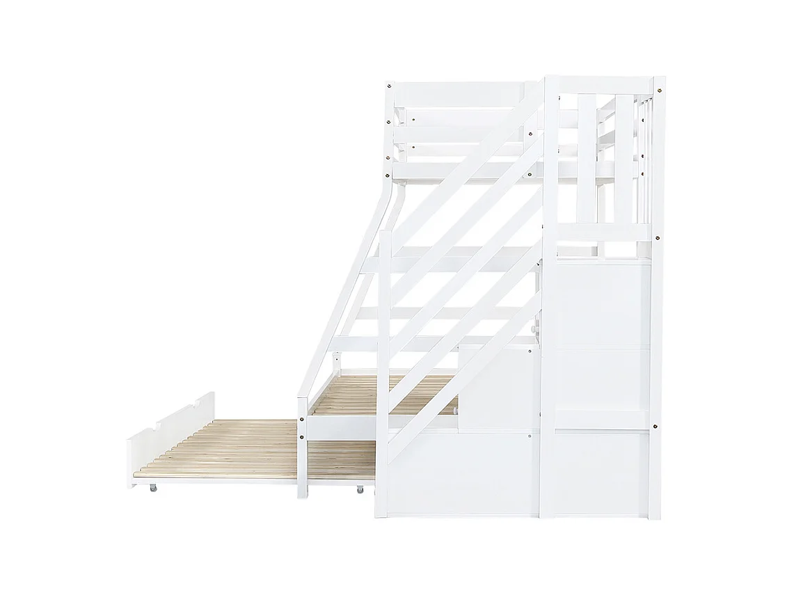 Lit superposé 90/120x200CM avec lit gigogne, lit enfant avec armoire échelle et main courante, blanc