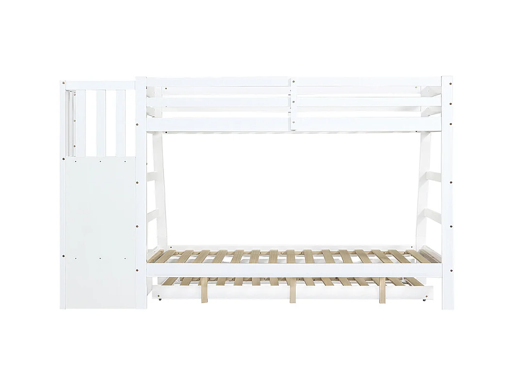 Lit superposé 90/120x200CM avec lit gigogne, lit enfant avec armoire échelle et main courante, blanc