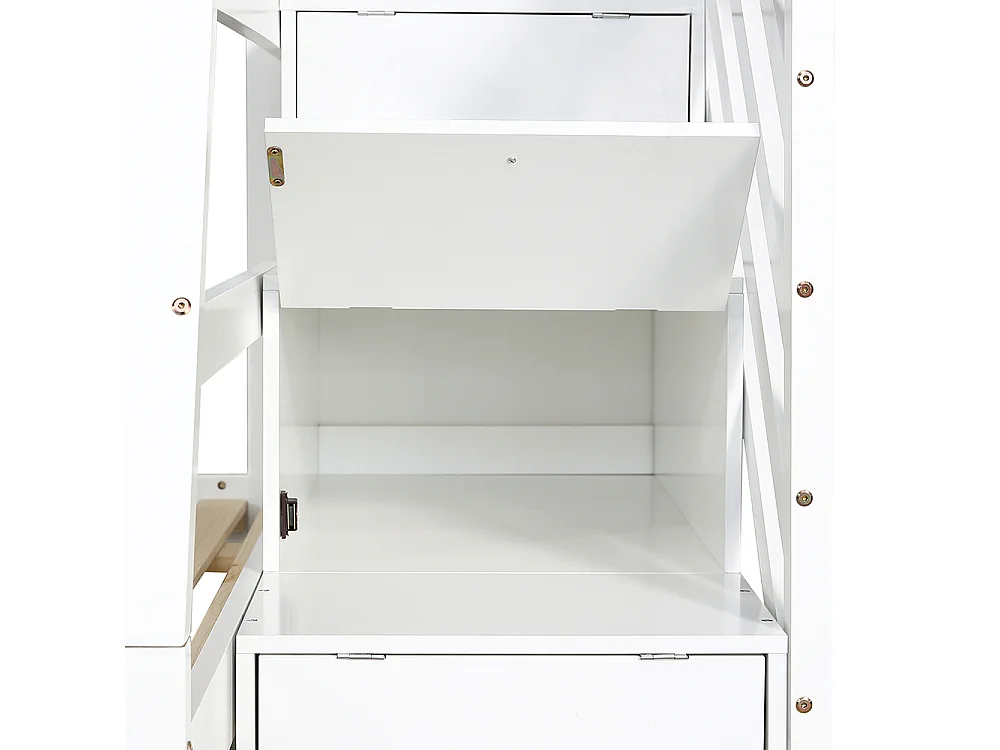 Lit superposé 90/120x200CM avec lit gigogne, lit enfant avec armoire échelle et main courante, blanc