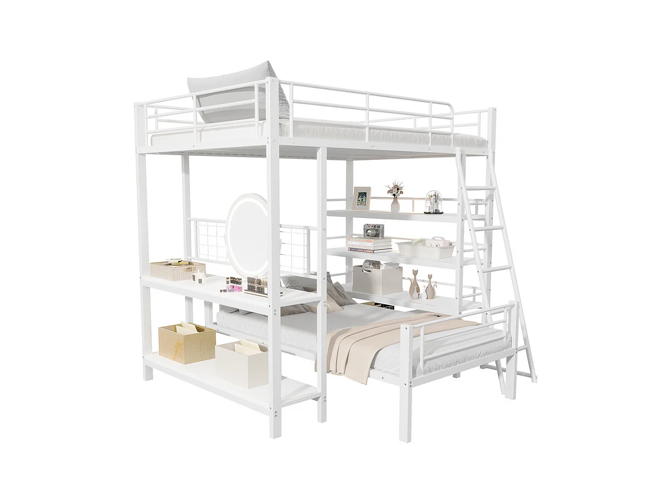 Lit jeune lit 140x200cm lit superposé avec compartiments de rangement métal blanc