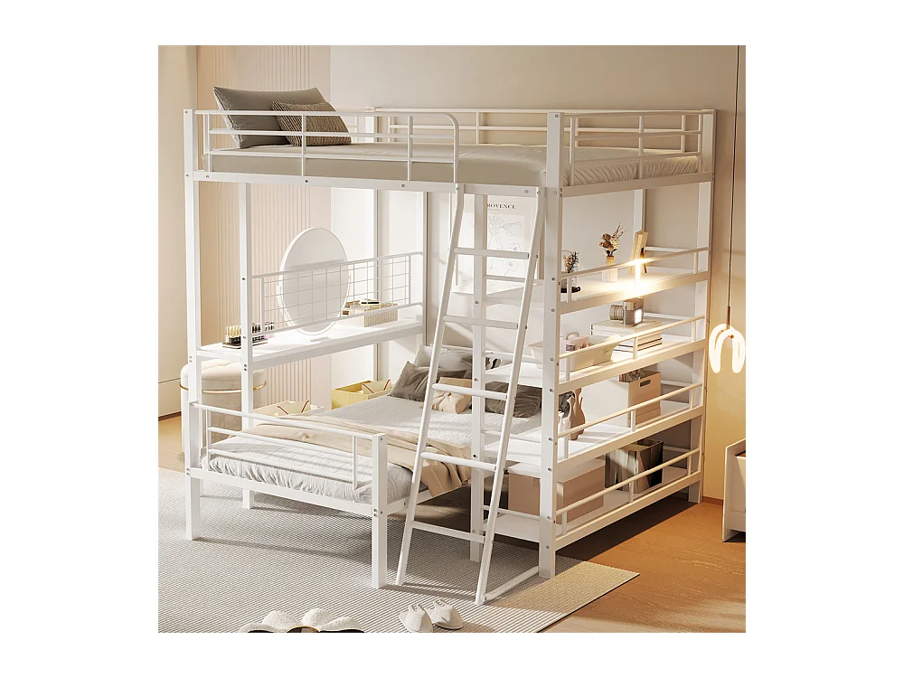 Lit jeune lit 140x200cm lit superposé avec compartiments de rangement métal blanc
