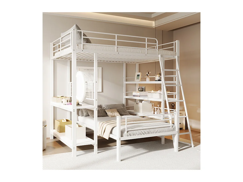 Lit jeune lit 140x200cm lit superposé avec compartiments de rangement métal blanc